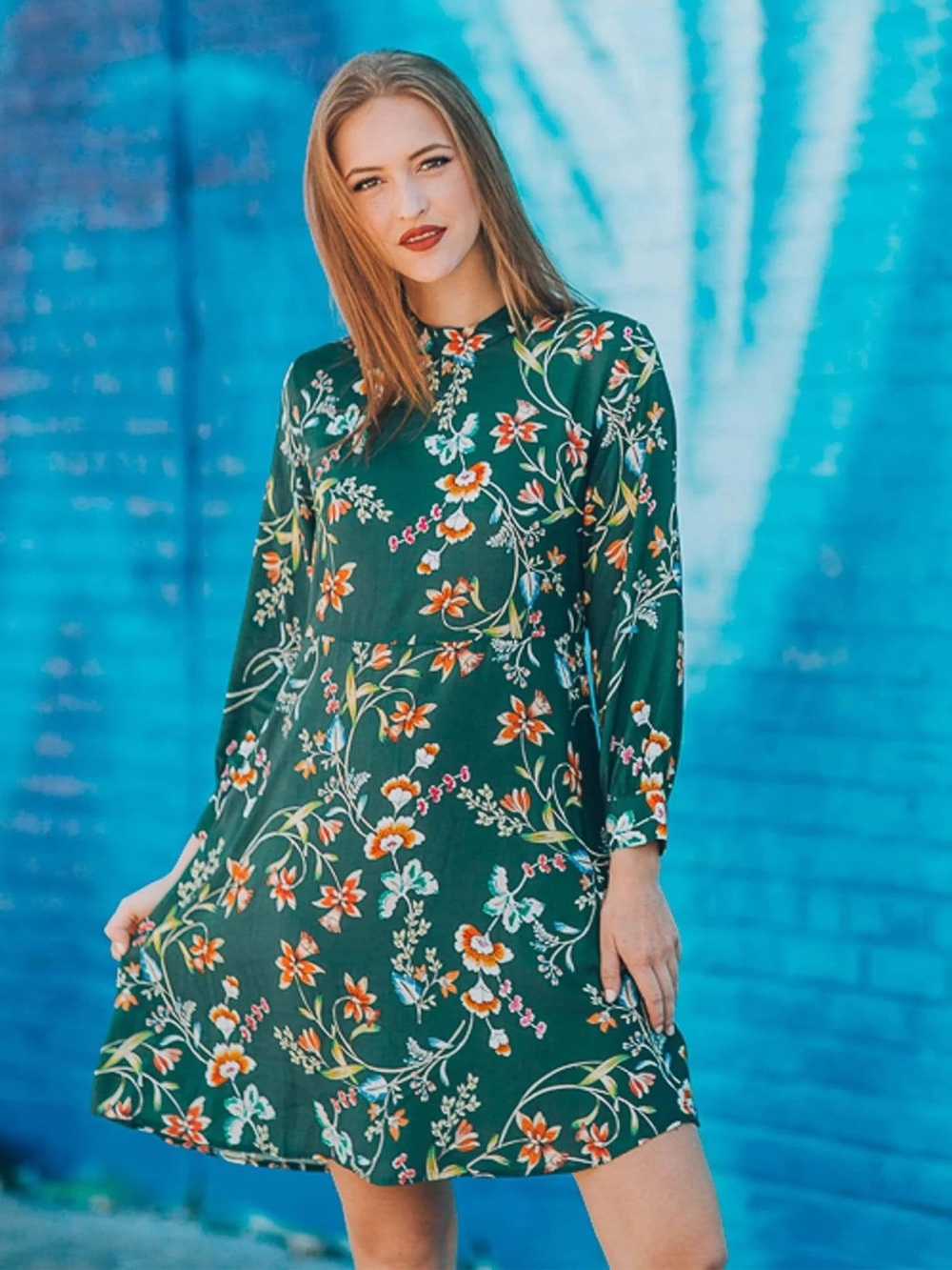 Velvet by Graham & Spencer Floral Green Long-Sleeve A-Line Dress